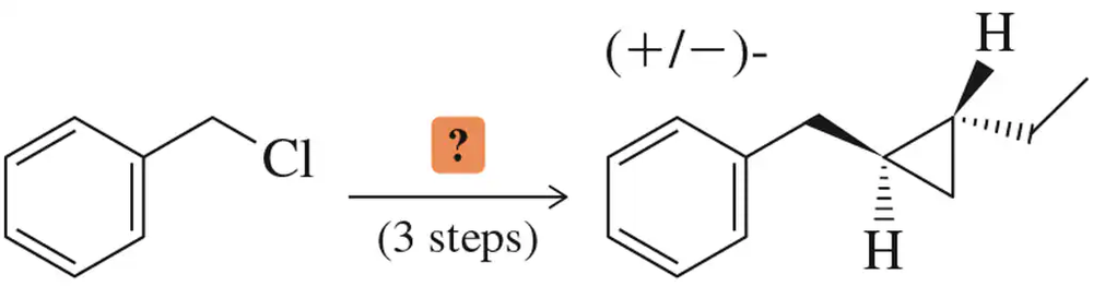 Chloroalkane structure with a question mark leading to a cyclopropane, indicating a three-step retrosynthesis process.