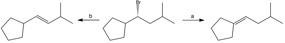 Chemical reaction diagram showing alkyl halide conversion to alkenes with labeled reagents a and b.