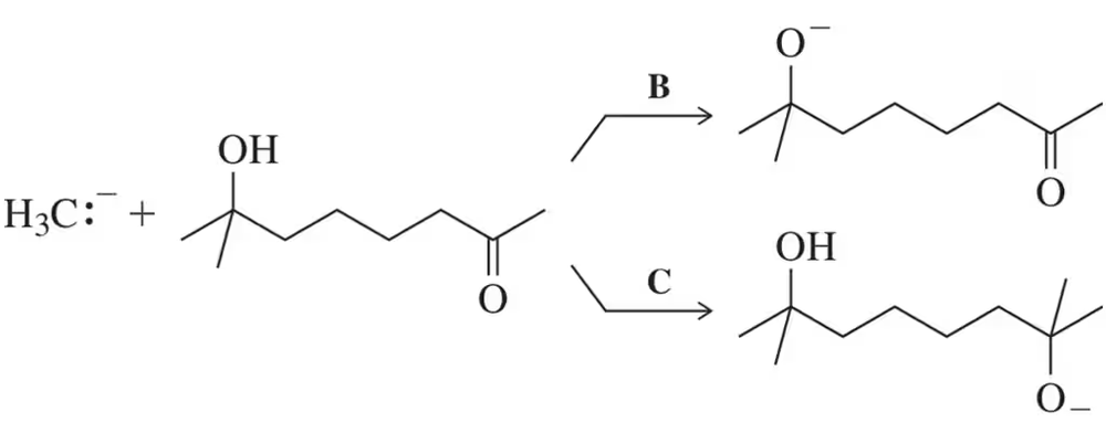 Chemical reaction diagram showing reactants and products with arrows indicating possible reaction pathways.