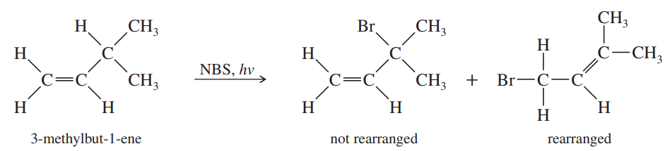 Mechanism illustrating allylic bromination of 3-methylbut-1-ene, showing two products: one rearranged and one not rearranged.