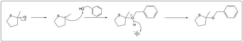 Stepwise substitution reaction mechanism in organic chemistry with intermediates shown.