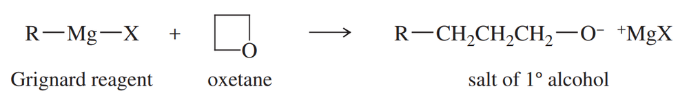 Grignard reagent reacts with oxetane to form a primary alcohol salt and magnesium halide.