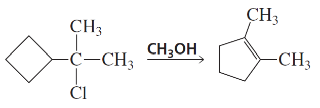 Chemical reaction diagram showing an elimination reaction with a chlorine atom and methanol as reactants, producing a cyclohexene.