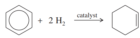 Chemical reaction diagram showing benzene reacting with hydrogen in the presence of a catalyst to form cyclohexane.
