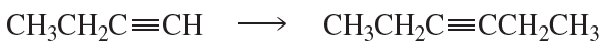 Chemical reaction showing the conversion of an alkyne to a longer-chain alkyne with structural formulas.