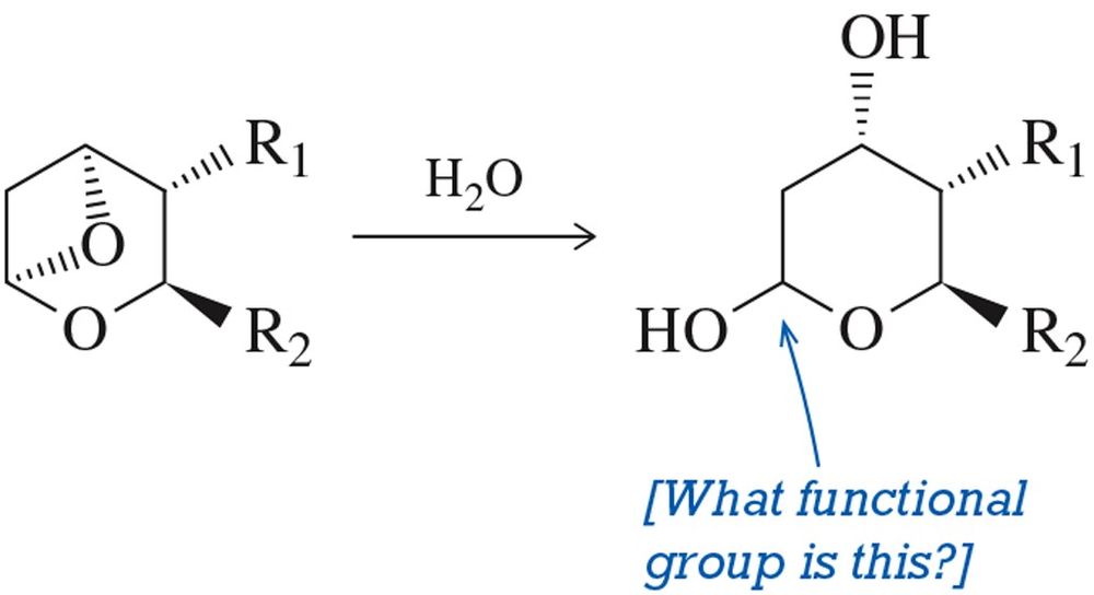 Chemical reaction diagram showing ether cleavage with water, producing an alcohol and highlighting a functional group question.