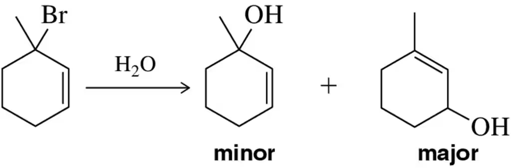 Allylic bromide reacts with water to yield two products, labeled as minor and major, with hydroxyl groups.