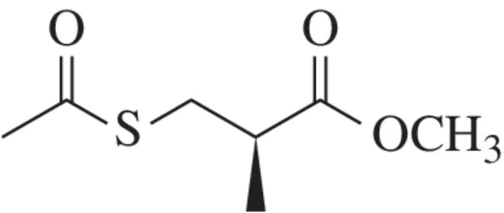 Chemical structure of a propionate derivative featuring sulfur and oxygen atoms, used for measuring specific rotation.