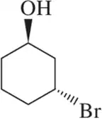 Chemical structure of a cyclohexane with an OH group and a Br substituent, illustrating chair conformations for stability analysis.