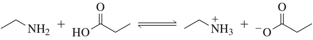 Chemical reaction diagram showing ethylamine and propanoic acid forming their conjugate acid and base.
