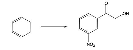 Chemical reaction showing benzene converting to a nitrophenol compound.