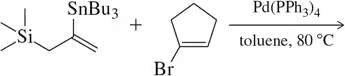 Chemical structures of a silane and a brominated compound with reaction conditions for a Stille coupling reaction.