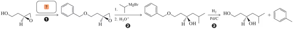 Chemical reaction scheme illustrating the protection of a primary alcohol as a benzyl ether, with numbered steps and a question mark.