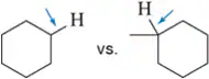 Two cyclohexane structures with hydrogen atoms highlighted, comparing bond-dissociation energy.