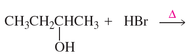 Chemical reaction showing the reaction of an alcohol with HBr, indicating the major product formation.