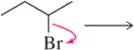 Chemical structure showing a bromine atom with a pink arrow indicating electron movement towards a reaction product.