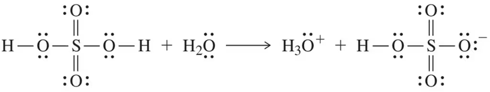 Chemical equation illustrating the dissociation of sulfuric acid in water, showing its role as an acid.