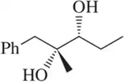 Chemical structure showing a diol with a phenyl group, featuring two hydroxyl (OH) groups on adjacent carbon atoms.
