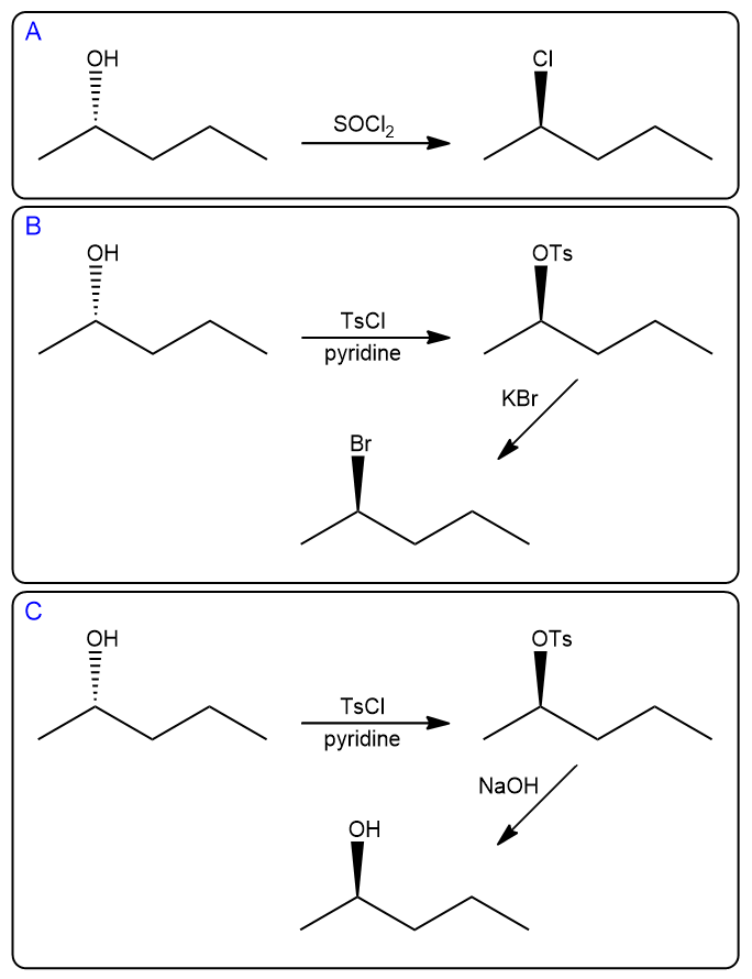 Reaction scheme converting (S)-pentan-2-ol to (S)-2-chloropentane, (R)-2-bromopentane, and (R)-pentan-2-ol.