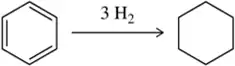 Chemical reaction diagram showing benzene converting to cyclohexane with three hydrogen molecules.