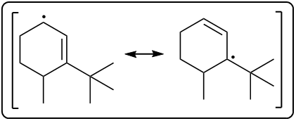 Diagram illustrating the equilibrium between two radical structures in organic chemistry.