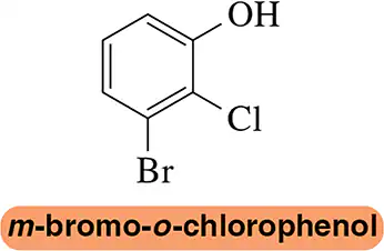 Chemical structure of m-bromo-o-chlorophenol with Br, Cl, and OH groups on a benzene ring.