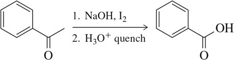 Chemical reaction diagram showing the conversion of a carbonyl compound to an alcohol with reagents and steps labeled.
