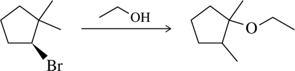 Mechanism illustration of an SN1 reaction showing a bromine atom and hydroxyl group rearrangement.