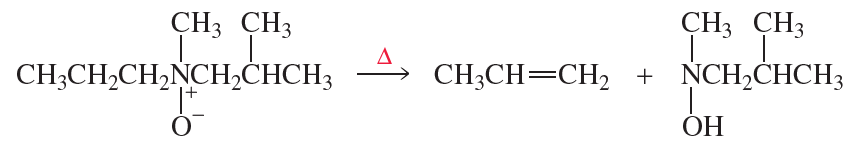 Tertiary amine oxide undergoes Cope elimination to form an alkene and a secondary amine with hydroxyl group.