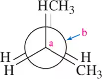 Newman projection diagram showing two carbon atoms with substituents and hydrogens, indicating spatial arrangement with labels a and b.