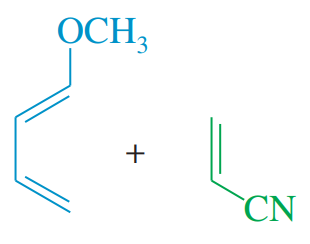 Chemical structures of reactants with OCH3 and CN groups, illustrating charge-separated resonance forms for analysis.