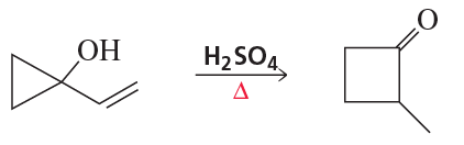 Chemical reaction diagram illustrating a dehydration reaction with an alcohol, sulfuric acid, and a carbonyl compound.