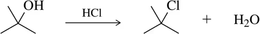 Chemical reaction showing the conversion of an alcohol to an alkyl chloride using hydrochloric acid, producing water.