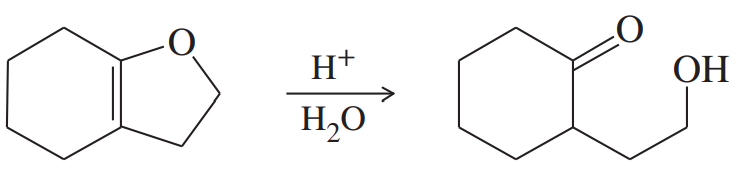 Chemical reaction diagram illustrating the hydrolysis of ketone and aldehyde derivatives with water and acid catalyst.