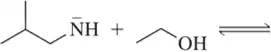 Chemical reaction showing a base and an acid with arrows indicating equilibrium.