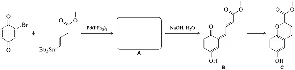 Chemical reaction diagram showing Stille coupling, tautomerization of A to B, and conversion of B to C in basic solution.