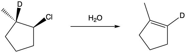 E1 mechanism reaction showing the conversion of a chlorinated compound to a double bond with D.