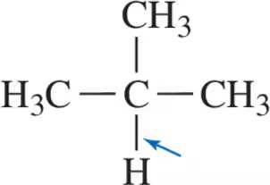 Structural formula of a carbon atom with attached groups, highlighting a bond with a blue arrow.
