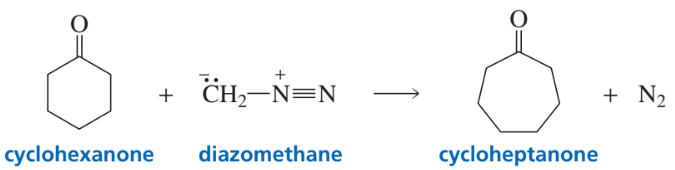 Cyclic ketone reacts with diazomethane to form a larger cyclic ketone, illustrating a ring-expansion reaction mechanism.