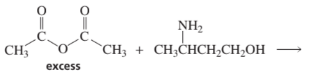 Chemical reaction diagram showing reactants and products of nucleophilic acyl substitution with structural formulas.