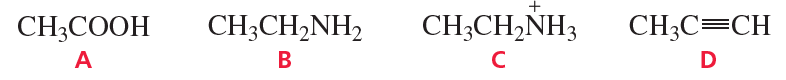 Chemical structures of four compounds labeled A to D, questioning which can lose a proton in a reaction favoring products.