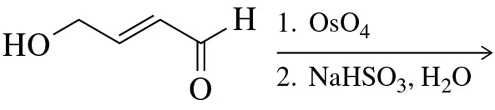 Chemical structure showing cis-dihydroxylation of an alkene with reagents OsO4 and NaHSO3, H2O for diol formation.