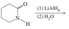 Chemical structure of an amine with a carbonyl group, showing reduction steps using lithium aluminum hydride and water.