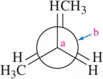 Newman projection diagram showing carbon atoms with substituents and hydrogens, indicating spatial arrangement with labels a and b.