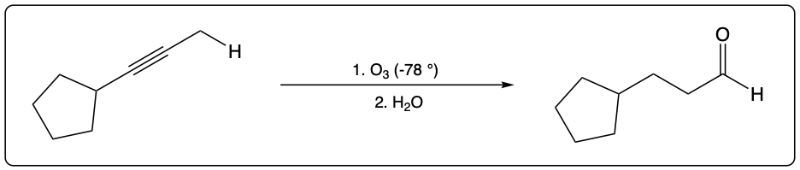 Synthetic scheme for alkyne hydration using ozone and water to yield an aldehyde.