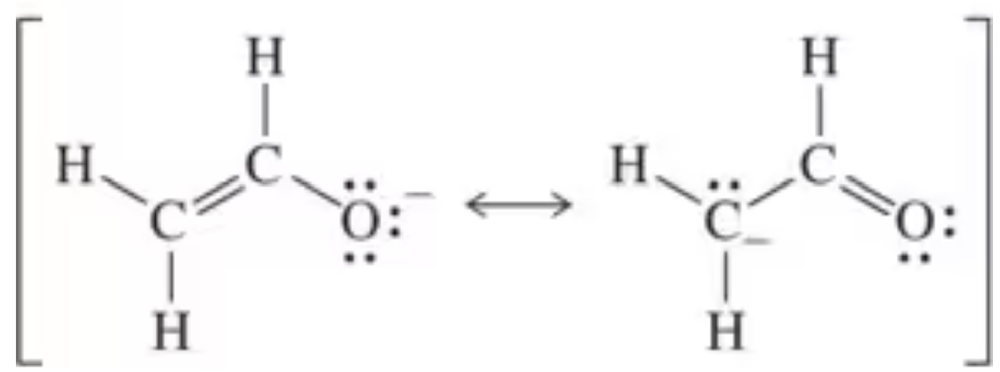 Two resonance structures of a molecule with arrow-pushing formalism indicating electron flow between them.