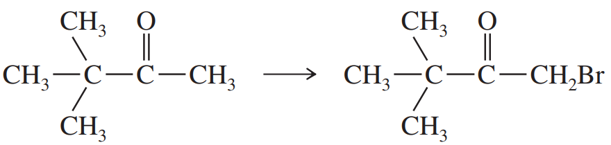 Chemical reaction showing the conversion of a ketone to an alpha-halo ketone with a bromine substituent.