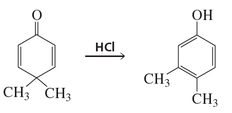 Chemical reaction showing the tautomerization of a ketone to an alcohol in the presence of HCl.