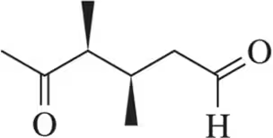 Chemical structure of a diketone with two carbonyl groups and stereochemistry indicated by wedge bonds.