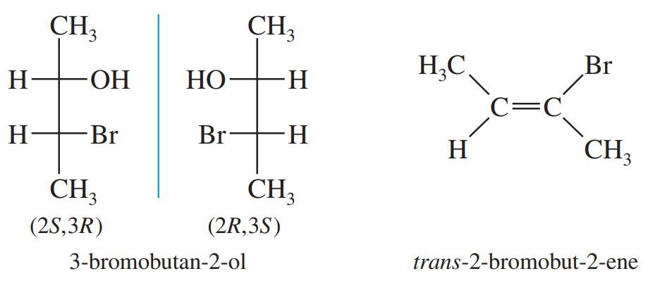 Structural representations of (2S,3R)-3-bromobutan-2-ol, its enantiomer, and trans-2-bromobut-2-ene.